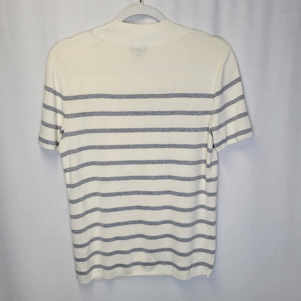 Talbots Women's Medium Sweater Gray White Striped Short Sleeve - Picture 2 of 6
